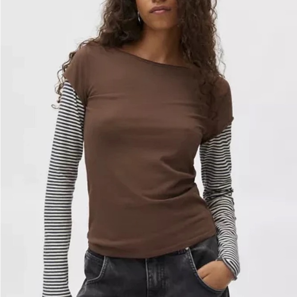 BDG Brown and Black Fitted Long Sleeve Tee